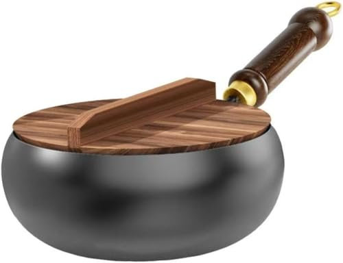 11-inch Hand-Forged uncoated Iron pan with Wooden lid and deep Design, Suitable for high-Temperature Frying, stewing and Cooking, Compatible with Gas stoves and Induction cookers
