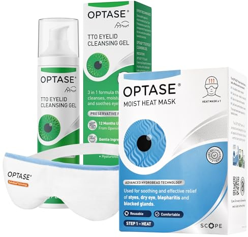 Optase Moist Heat Eye Mask & Tea Tree Oil Eyelid Cleansing Gel for Dry Eyes, Blepharitis, MGD & Styes - Daily Eye Care Duo - Reusable Heated Mask with Hydrobeads & Preservative-Free Cleansing Gel Form