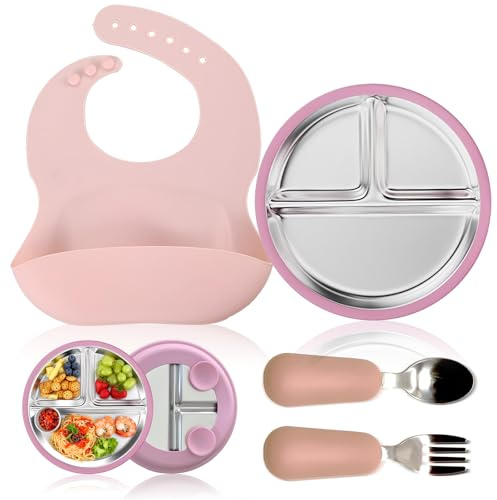 Set Di Stoviglie,Set Di Posate In Silicone E Acciaio Inox,Piatti In Acciaio Inox Per Bambini Con Ventosa,Bavaglino,Cucchiai E Forchette Per Bambini,Piatti Divisi Per Alimentazione Autonoma