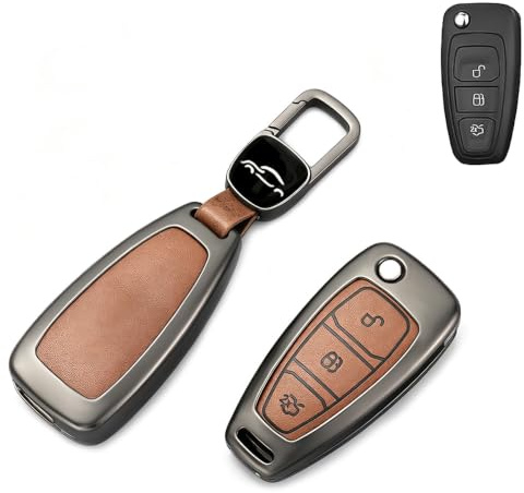 Autoschlüsselhülle für Ford Focus Fiesta Kuga Tourneo Transit Connect Custom Courier Puma Galaxy C-Max S-Max 3 Tasten Flip Klappschlüssel Fernbedienung (Braun B)