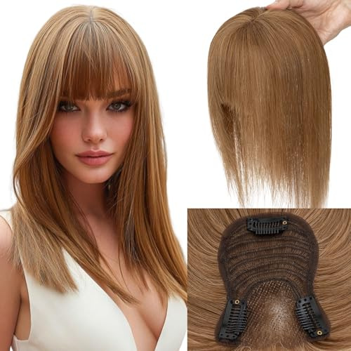 Elailite Haartopper Echthaar Clip in Haarteil Hellbraun, 25cm Real Human Haar Topper Damen mit dünnem Pony Haarteile (Silk Lace 8x11.5cm) 27g #6