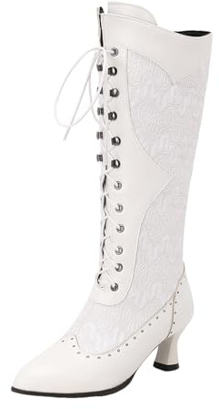 VBEDKDEB Boots Women's Knee-High Boots Women's Vintage Boots Lace Bridal Brides Wedding Mid-Calf Zip Costume Mid Heel Dress Shoes Dirndl, White, 8.5 UK