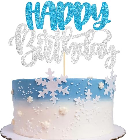 Gyufise 1 pieza de decoración para tarta de feliz cumpleaños con purpurina para tarta de cumpleaños para invierno, país de las maravillas, boda, aniversario, fiesta temática, suministros de decoración