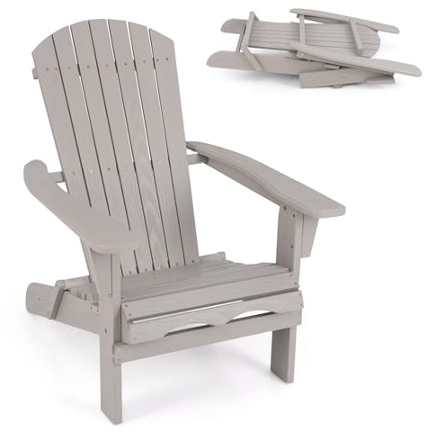 COSTWAY Adirondack Stuhl Holz klappbar, Adirondack Chair | Gartensessel mit hoher Rückenlehne & breiten Armlehnen für Garten, Terrasse, 180 kg Tragfähigkeit, Grau