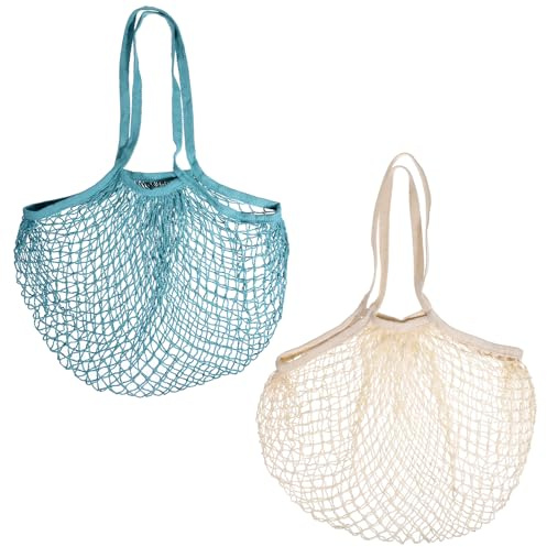 Xelsluthe Reusable Mesh Grocery Bags, 2-Pack Cotton String Storage Organizer Shopping Bags Washable Produce Bag with Long Handle Portable Net Tote Bag for Vegetables Fruit Farmers Market Shopping