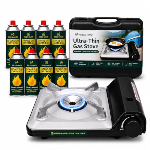 Green Haven Camping Stove Gas Portable | Camping Cooker Single Burner Slim | PIEZO IGNITION READY: butane · tabletop · indoor outdoor · lightweight · windproof · backpacking · heat control