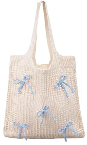 Bolso Crochet Mujer con Lazo Bolsa Playa Ganchillo Mujer Bolsos Tejidos Crochet Beach Bag Ganchillo Bolso Verano para Vacaciones, Compras, Uso Diario