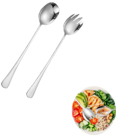 Yeenano Juego de 2 cucharas largas de acero inoxidable para servir, tenedor, tenedor, tenedores, utensilios de ensalada multifuncionales resistentes para lavavajillas, ensaladas, frutas, fideos, bufé