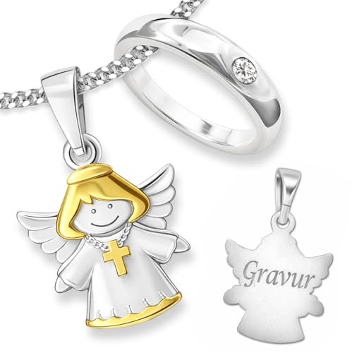 CLEVER SCHMUCK Schutzengel Kette Silber bicolor mit Kreuz teilvergoldet + Kette und persönlicher Gravur + Taufring, alles wählbar STERLING 925 Taufgeschenk mit Etui