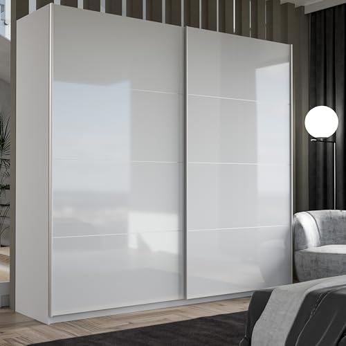 Forte Armario Starlet Plus 220, Puertas correderas, 2 Puertas, estantes, Barra, Blanco/Blanco Alto Brillo, 220x210x61 cm
