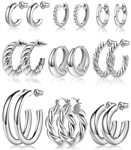 Adoyi Silver Hoop Earrings Set for Women Girls Gold Twisted Huggie Hoops Earrings 14K White Gold Plated Earrings for Women Lightweight 9 Pairs jewelry for women Girl Gift