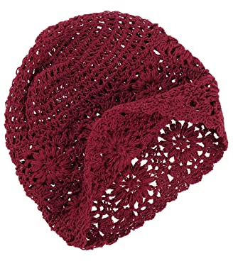 VGOL Beanie Mütze handgefertigt Damen Baumwolle gestrickt Ausschnitt Vintage Blumenmuster gehäkelt Slouchy Skull Cap für 52–58 cm Kopfumfang Frühling Sommer Herbst Bordeaux