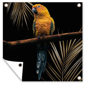 MuchoWow Outdoor-Poster Poster Wanddeko draußen Deko Garten Gartenposter 100x100 cm Vogel - Papagei - Zweig - Farn