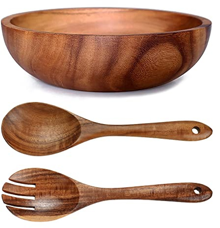 UPTALY Übergroße Salatschüssel aus Holz (26 x 7,5 cm), kein Spleißen, aus dem gesamten Stück Holz gemeißelt, mit Salatlöffel und Gabel Set (26 x 6,8 cm), Akazienholzschale, große Servierschalen