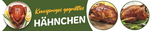 Banner 2,5 m 'Knuspriges gegrilltes HÄHNCHEN' XXL Werbung PVC-Plane mit Ösen zum Aufhängen