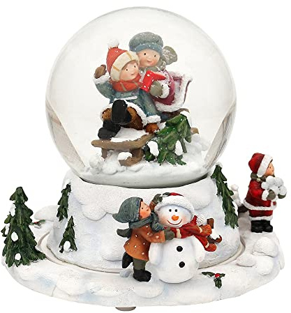 ***Schneekugel Kindern auf Schlitten, beweglicher Sockel mit Spielwerk, Melodie: Leise rieselt der Schnee, Maße L/B/H: 15 x 15 x 14,5 cm Kugel Ø 10 cm.