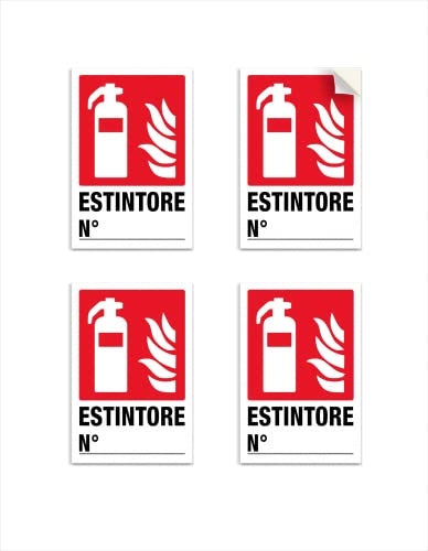 Adesivi Estintore numerabili - 4 cartelli adesivi misura piccola: 10x15 cm, in PVC vinile morbido, con pittogramma segnaletica di sicurezza simbolo estintore. 4 pz