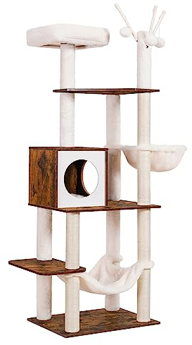 Hey-brother Kratzbaum, 168 cm Katzenbaum, Stabil Katzenmöbel mit Sisalpfähle, Hängematte, Plattformen, Modern Holz Kletterbaum, Vintagebraun EMPJ120SR
