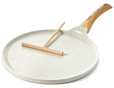 SENSARTE Nonstick Crepe Pan with Spreader, 10-Inch Natural Ceramic Coating Dosa Pan Pancake Flat Skillet Tawa Griddle with Stay-Cool Handle, Induction Compatible (White)