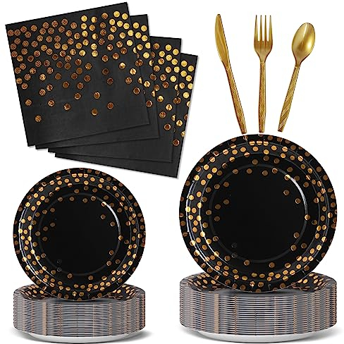Nkaiso Partygeschirr 144 Stück Schwarzesgold Kindergeburtstag Mädchen Party Deko Zubehör Set ​Papier Geschirrset einschließlich Pappteller Servietten Wiederverwendbar Besteck-24 Gäste