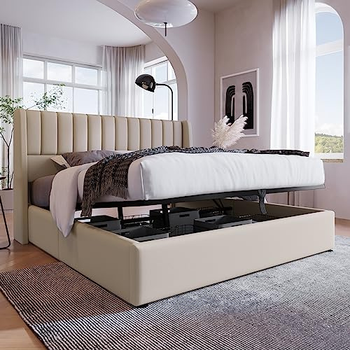 Merax Polsterbett 180 x 200cm, Hydraulisch Doppelbett mit Lattenrost & Bettkasten, Stauraumbett mit Kopfteil, Metallrahmen, Leinen, für Erwachsene & Jugendliche, ohne Matratze, Beige-Streifen