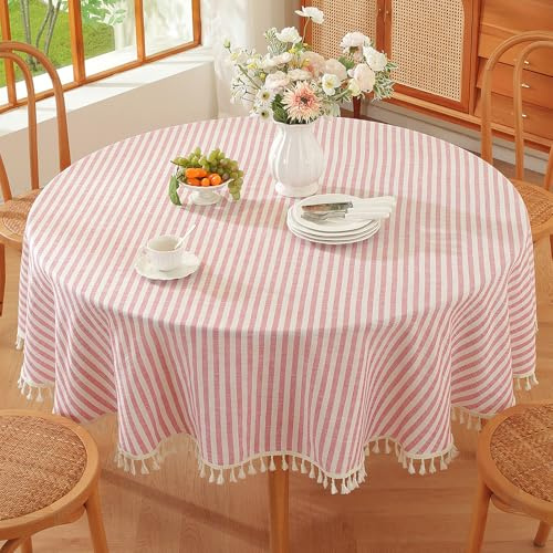 Plenmor Leinen Rot Abwaschbare Tischdecke Rund 140cm, Leinenoptik Tischdecke Abwaschbar Table Cloth Boho Tischdecke Rund für Küchentisch und Outdoor Tischtuch