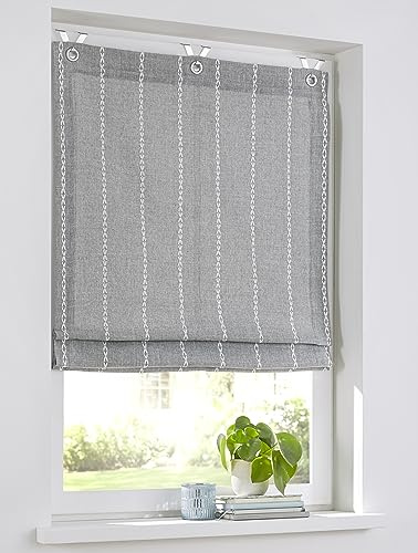 Raya Store bateau avec œillets - Gris opaque - Légèrement occultant - Rayures blanches cassées - Polyester facile d'entretien - 60 x 130 cm