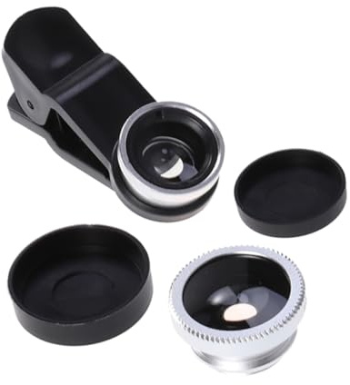 3-in-1 Handy Kameraobjektiv Satz, Silber, Aluminium, Clip On | 0, 67-faches Weitwinkel, Makro und 180° Fisheye, Kunststoff und Glasoptik, für Mobiltelefone