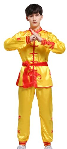 BK FASO Mens Kung Fu Suit Chinese Martial Arts Performance Shirt Pant Set Traditional Tang Costume, Yellow, L