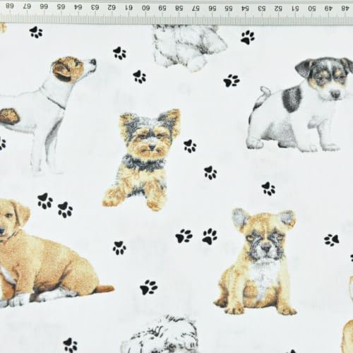 Textrend Baumwollstoff Meterware - Stoff zum Nähen - 100% Baumwolle - Textilien 1x1.6m - Stoffe Meterware - Katzen und Hunde Muster (Beige und weiße Hunde auf weißem Hintergrund)