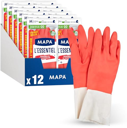 Mapa Spontex - L'Essentiel - 24 Gants de Ménage en Latex intérieur Fibres de Coton - Sensibilité et Flexibilité - Revêtement antidérapant - 12 pack de 2 paires - Taille M
