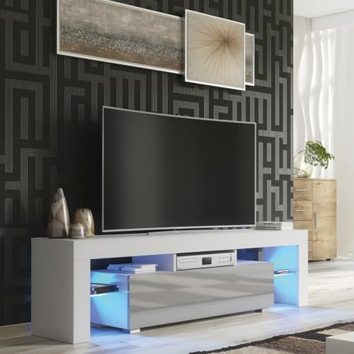 Creative Furniture TV Unit 160cm White Modern Stand Grey Gloss Doors Free LED, E014
