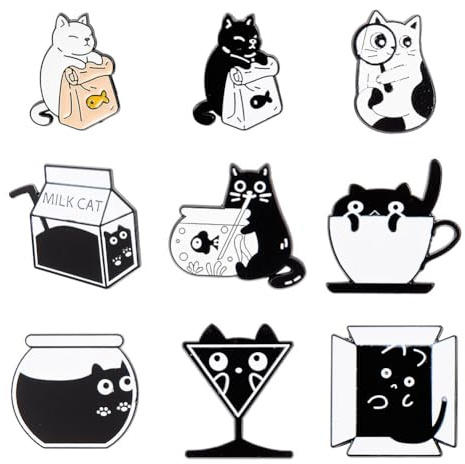 GOMAKERER 9 Stück 9 Stile Legierung Katzenabzeichen Pins, Schwarze Kitty Emaille Pins Tier Broschen Milch Tasse Fisch Schüssel Pins Lustige Kätzchen Pin Brosche Anstecknadel Für Dekoration