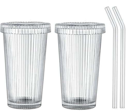 MAGICVOGEL 2er Set Glasbecher mit Deckel und Strohhalm,380ml Trinkgläser Eiskaffeebecher Cocktail Gläser Trinkbecher für Saft, Milch, Kaffee,Joghurt,Smoothie (Streifen)