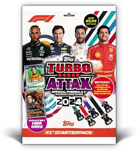 Topps Turbo Attax Formula 1 2024 - Starter Pack - enthält 20 Karten, darunter eine Verstappen Orange Dutch Lion LE und eine Piastri Emerald LE Karte.