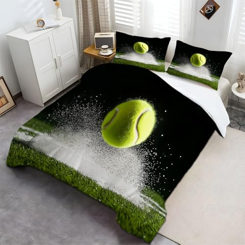 Bettbezug Bettwäsche Bettgarnitur, Sportarten Tennis Design Bettbezug mit Kissenbezug, 135 x 200 cm, Reißverschluss Weich und Bügelfrei Grün