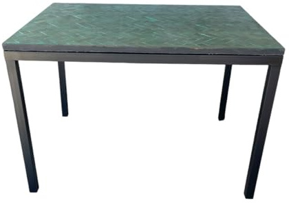 ARTIGIANATO VULCANO Mesa marroquí de cerámica Zellige mosaico verde, 110 x 80 cm, estructura de metal negro, mesa de jardín, patio y bistró