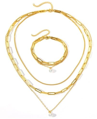 TTPSRY lager kedja halsband armband smycken set pärlhänge rostfritt stål flera trådar länk justerbar elegant tillbehör, 50 cm (chaîne), Rostfritt stål