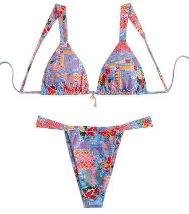 RoseSeek Women's 2 Piece Floral Tropical Print Bikini Set Boho Triangle Bathing Suit Tie Backless Swimsuit Sets Orange and Blue S
