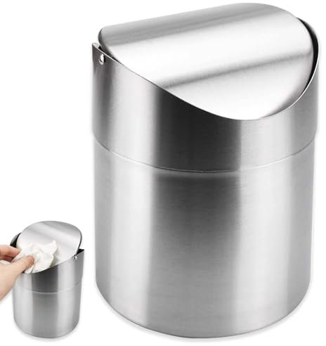 Mini Cestino da Tavolo, Pattumiera da tavolo, 1.2L Cestino da Scrivania in Acciaio Inossidabile, Cestino Spazzatura con Coperchio, Utilizzabile Come Pattumiera da Cucina o per Cosmetici (Plateado)