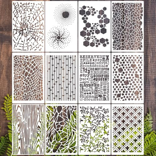 Ymapinc 12 Stück Schichtung Scablone Texture Scablonen Malen 20x13cm Wiederverwendbare Schablonen Zum Malen für DIY Möbel Scrapbooking Holz Boden