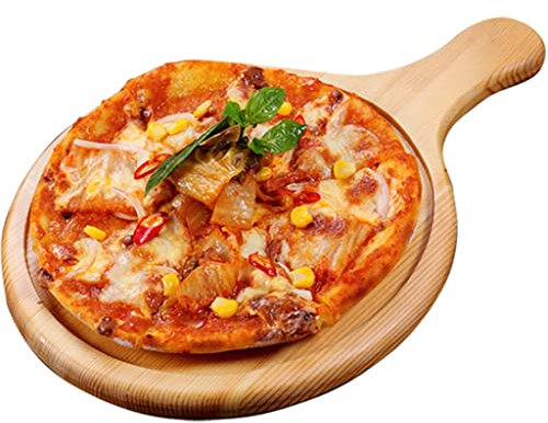 CHFYIJYHM Bandeja redonda para pizza, paquete de 2 tablas de cortar con asa, plato redondo para pizza, queso y hornear (36 x 33 cm)