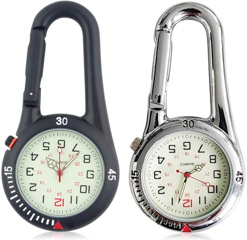 2 Stück Karabineruhr, Taschenuhr Mit Karabiner Befestigung, Wasserdichte Karabineruhren, Schwesternuhr, Leuchtendes Analog Quarz Uhr, Karabineruhr für Radfahrer Kletterer Rucksack, Silber+Schwarz