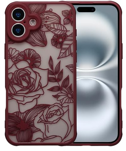 XIZYO Niedlich Rose Blume Hülle für iPhone 16 6,1 Zoll, Wein Rot | Ästhetisch Rose Floral Muster, Luxus Vintage Mädchen Stil, Schlanke Dünne, Matt Transluzent Gestaltung, Stoßfest Anti-Gelb