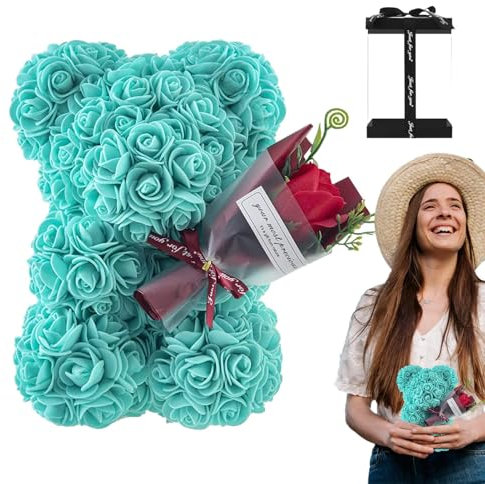 Weqizuerqi Oso de peluche con ramo de rosas, flores artificiales de oso, San Valentín, con caja transparente, oso de San Valentín, decoración de osos rosas, 24 x 16 cm