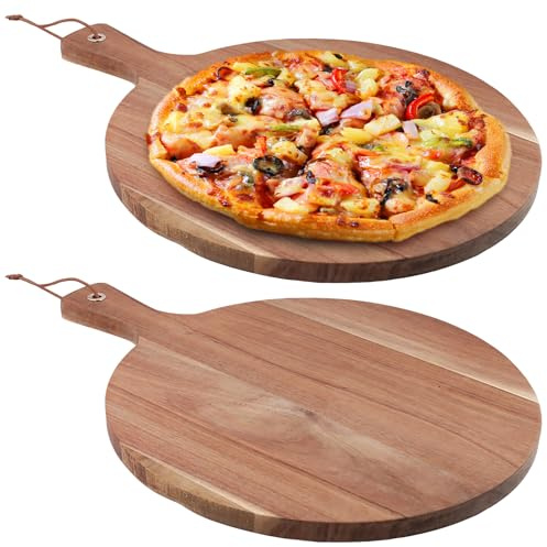FUNSUEI 2 PCS Acacia Wood Pizza Boards, 12 Inch Round Wooden Chopping | for Kitchen Essentials, 30 x 40 x 1.5cm