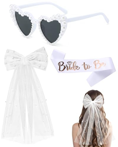 BPTRKOM 3 pezzi Decorazioni per Addio al Nubilato – Set con Velo da Sposa Bianco, Occhiali da Sole a Cuore con Perla e Fusciacca in Satin Bride to Be – Ideale per Feste e Serate di Celebrazione