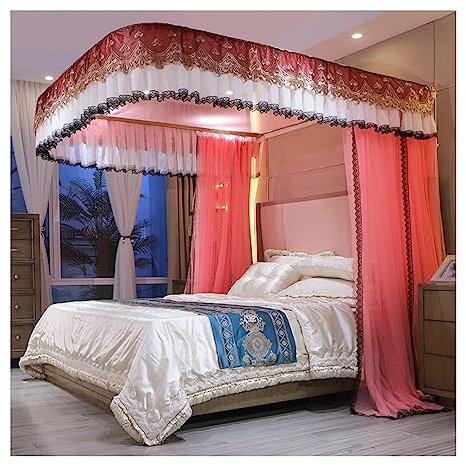 SGFBDZLK Betthimmel-Moskitonetz im Palast-Stil im europäischen Stil, Schlafzimmerdekoration, Bettvorhang für einzelne Doppelbetten, mit Metallhalterung (Farbe: Pink-1, Größe: 180 x 200 cm)