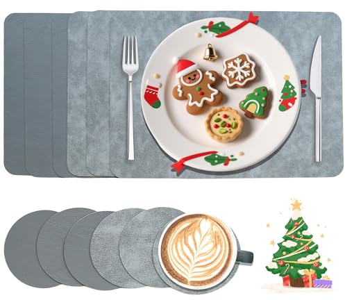 NORDICANA Tischsets Abwaschbar 6er Set, Platzsets Abwischbar Platzdeckchen und Untersetzer, Leder, Beidseitig verwendbare Platzset, für Hause Küche Restaurant und Hotel, 43x30cm, Grau, Dunkelgrau