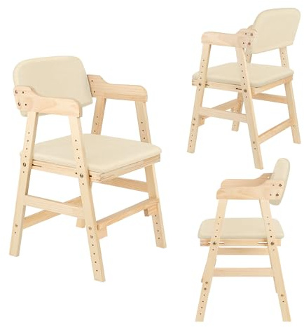 XUANYU Chaise Haute en Bois de Hêtre avec Coussin de Siége, Chaise à Manger Stable Hauteur Réglable en 6 Positions, Chaises pour Bébés, Enfants et Adultes (Beige-bois)